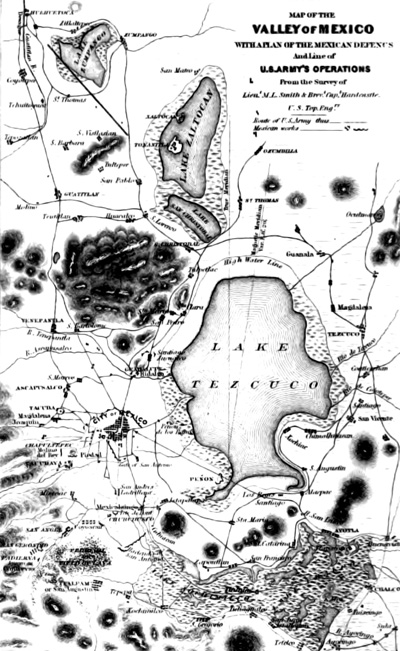 Map of the         Valley of Mexico with a plan of the Mexican defence and line of U. S. Army's operations