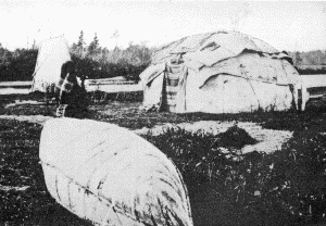 b. Two types of wigwams covered with birch bark  OJIBWAY HABITATIONS, ABOUT 1865