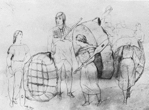 c. Hidatsa group with bull-boats. At Fort Berthold, July 13, 1851  FROM KURZ'S SKETCHBOOK