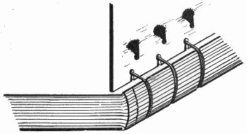 Figure 11.—Bands laced in, and ends frayed out. Based on illustration in Report of the Committee on Leather for Bookbinding. Edited for Society of Arts, London, 1905.