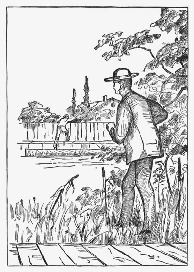 "Well he passed the gate, climbed the fence, sneaked up to the front of the house, skulking between the trees and rose bushes directly underneath the parlor window."—page 132.