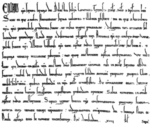 Lettre d'Eugène III, 16 août 1147.  Spécimen de l'écriture employée au XIIe siècle à la Chancellerie pontificale.  Musée des Archives départementales, nº 39.