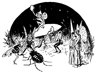 fairy sitting on a mushroom above other faires and bugs