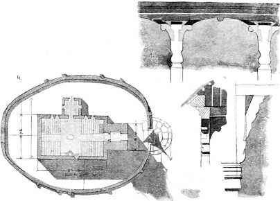 A harangház ívei. – Ugyanannak metszete. – Gyám, a harangház könyöklője alatt. – A templom alaprajzának vázlata, a cinterem körítő falával.