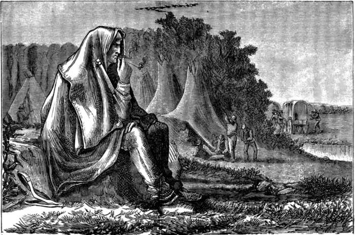 Indian pondering invading wagon trains and hunters.