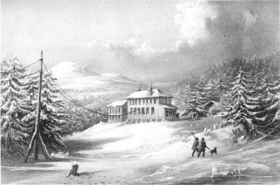 R.M. Bryson, lith from a drawing by R. Dudley  London, Day & Sons, Limited, Lith. TRINITY BAY, NEWFOUNDLAND. EXTERIOR VIEW OF TELEGRAPH HOUSE IN 1857-1858.