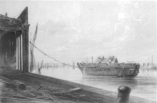 F. Jones, lith from a drawing by R. Dudley  London, Day & Sons, Limited, Lith.  THE CABLE PASSED FROM THE WORKS INTO THE HULK LYING IN THE THAMES AT GREENWICH.