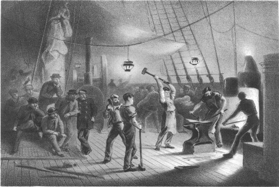 G. McCulloch, lith from a drawing by R. Dudley London, Day & Sons, Limited, Lith.  THE FORGE ON DECK. NIGHT OF AUGUST 9TH PREPARING THE IRON PLATING FOR CAPSTAN.