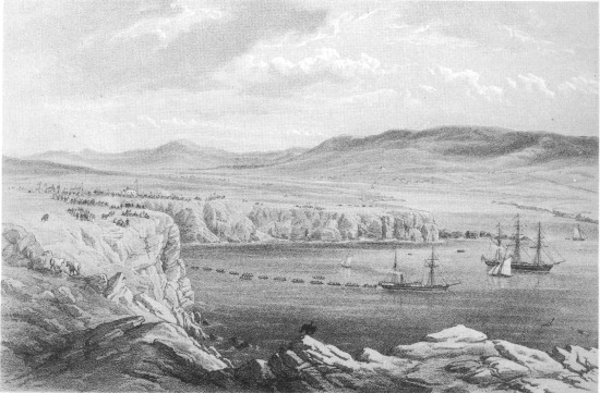 from a drawing by R. Dudley  London, Day & Sons, Limited, Lith.  GENERAL VIEW OF PORT MAGEE &c. FROM THE HEIGHTS BELOW CORA BEG. THE CAROLINE LAYING THE SHORE END OF THE CABLE JULY 22nd.