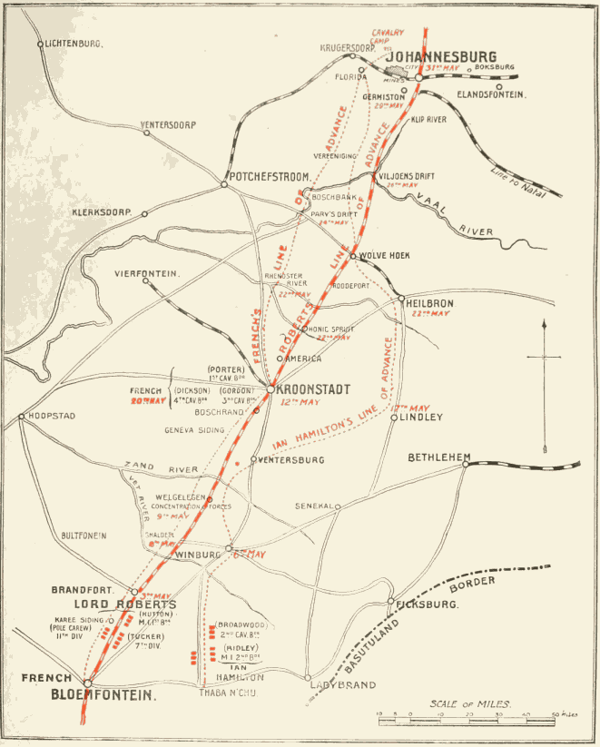 MAP SHOWING THE LINES OF ADVANCE FROM BLOEMFONTEIN TO PRETORIA.