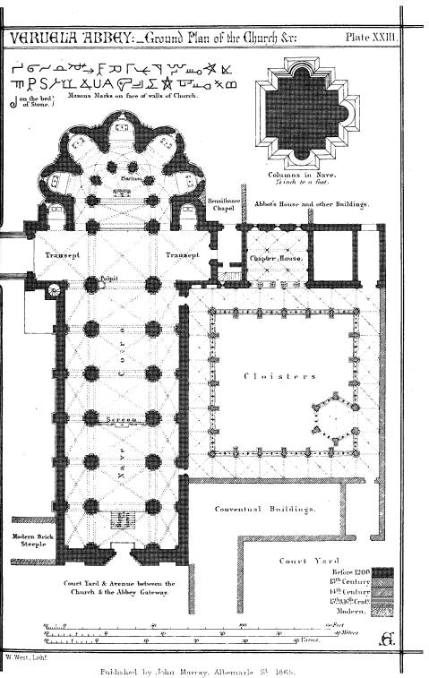 VERUELA ABBEY: Ground Plan of the Church Plate XXIII.  W. West, Lithr.  Published by John Murray, Albemarle St. 1865.
