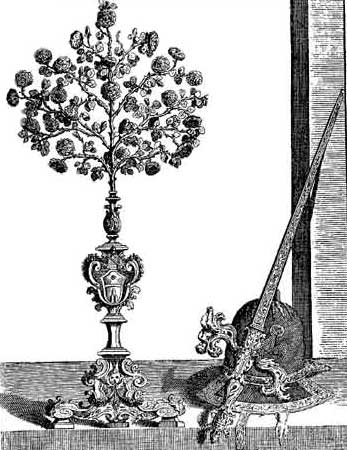 Fig. 37.—La rose d'or, le glaive et le chapeau offerts aux rois et grands personnages par les souverains pontifes