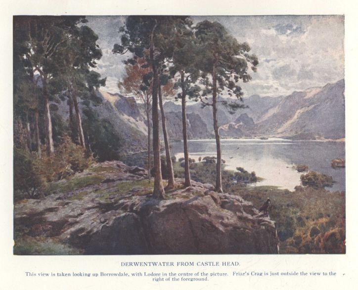 DERWENTWATER FROM CASTLE HEAD.  This view is taken looking up Borrowdale, with Lodore in the centre of the picture. Friar's Crag is just outside the view to the right of the foreground.