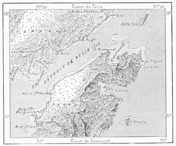 STRAITS OF BELLE ISLE, SHOWING SITE OF EARLY NORMAN FISHING     STATION AT BRADORE.