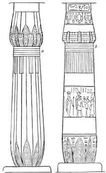 Fig. 13.—Lotos-columns from Thebes.  a. Sculptured Column from the Great Temple at Carnac.  b. Painted Column from the Memnonium of Ramses II.