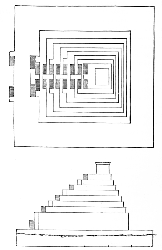 Fig. 41.—Plan and Elevation of the Temple at Borsippa. (From Oppert’s Measurements.)