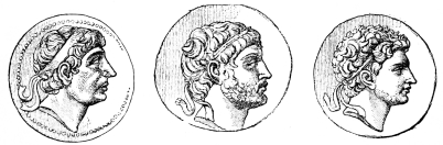 Antiochos I. of Syria. 281 to 262.  Philip V. of Macedon. 220 to 178.  Perseus of Macedon. 178 to 168.  Fig. 235.—Coins of the Diadochi.