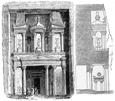 Fig. 284.—Façade and Section of a Rock-cut Tomb at Petra.