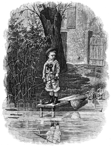 boy standing on small dock with fisihing pole