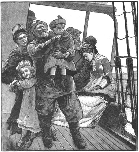 Man with children pointing off deck of ship