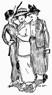 Three women in hats and long coats and skirts