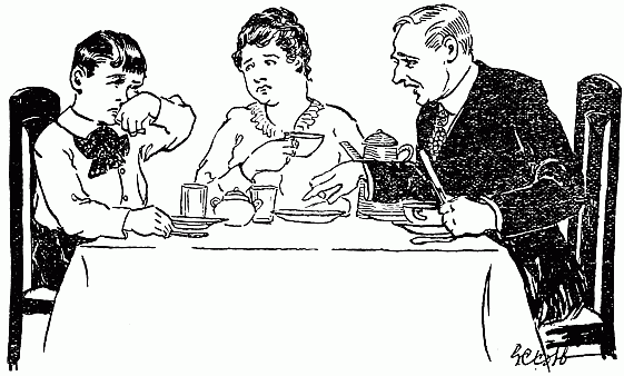 Unhappy boy at table with parents