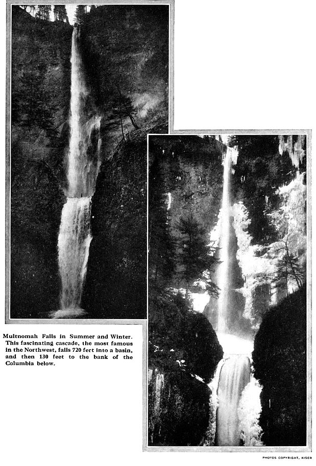 Multnomah Falls in Summer and Winter. This fascinating cascade, the most famous in the Northwest, falls 720 feet into a basin, and then 130 feet to the bank of the Columbia below. PHOTOS COPYRIGHT, KISER