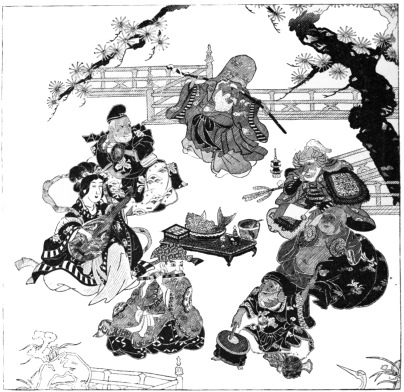 Yebis. Shiou-ro. Bis-jamon.  Benten. Tossi-toku. Daikoku. Hotei.  Fig. 110.—Picnic of the Household Gods of Japan.