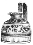 Fig. 185.—Greek Oinochoe. Painting, Black and Reddish Brown. Height, 7½ in. (Appleton Coll., Boston Mus. of Fine Arts.)