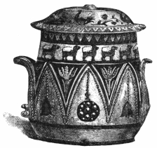 Fig. 319.—Posset-pot. Staffordshire. Fifteenth century. (Bateman Coll.)