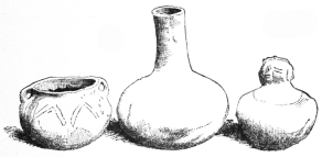 Fig. 403.—Mound-builders’ Vases, from Southern Missouri. Centre piece, height, 9 inches. (Mrs. J. V. L. Pruyn Coll.)