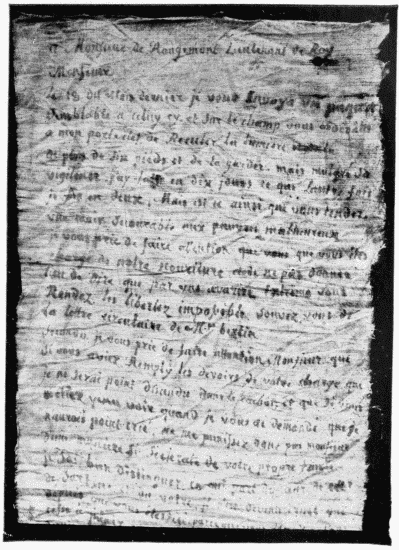 Beginning of a letter written with blood on linen by Danry (Latude) while a prisoner at Vincennes, to Rougemont, the king’s lieutenant. 