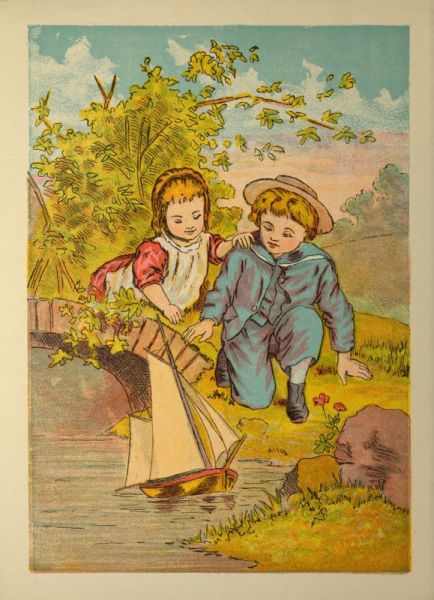 George and his sister Lillie are having a nice time sailing      their little boat in the brook.