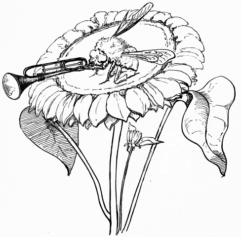 bee sitting on flower playing a trumpet