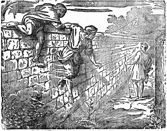 Two men trying to climb over wall while Christian looks on