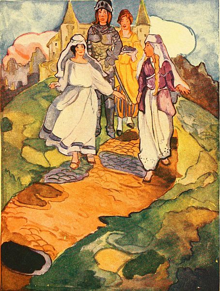 Three women and Christian on path