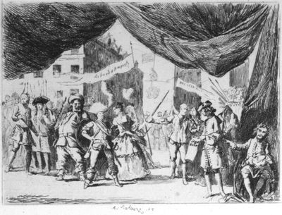 The Stage Mutiny with portraits of Theophilus Cibber as Antient Pistol, Mrs. Wilks, and others, in character; Colley Cibber as Poet Laureate, with his lap filled with bags of money. From a pictorial satire of the time.