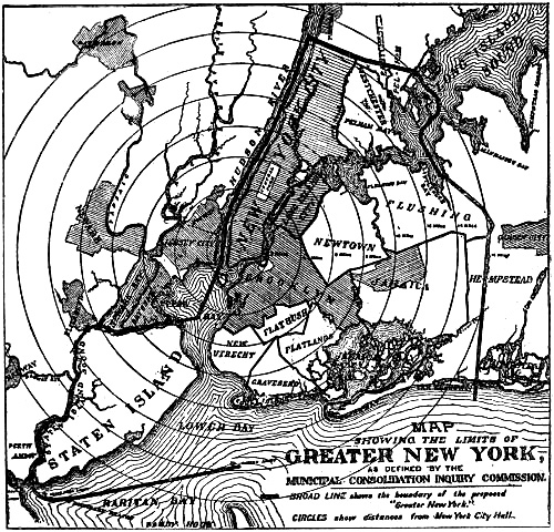 MAP SHOWING THE LIMITS OF GREATER NEW YORK, AS DEFINED BY THE MUNICIPAL CONSOLIDATION INQUIRY COMMISSION.