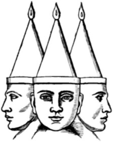Three heads with pointed caps