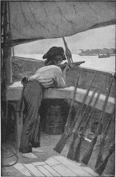 Sailor leaning on ship railing aiming rifle at a boat.