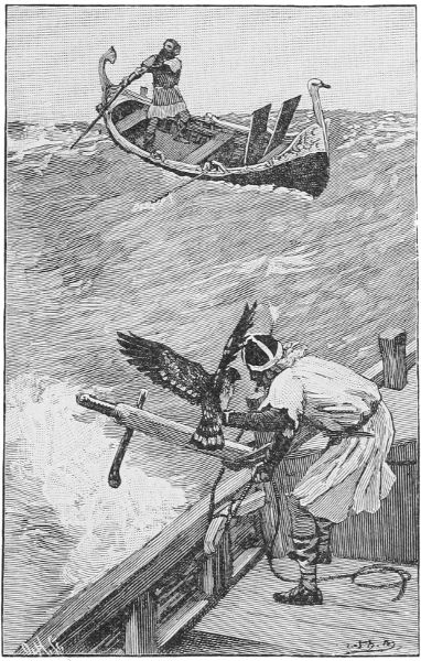 Man paddling canoe, bird of prey and warrior on ship.