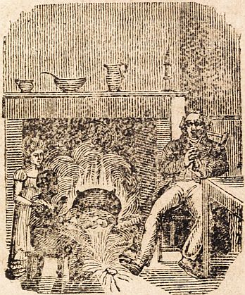 man and girls by fire; coal on floor