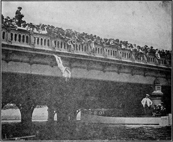 HOUDINI, manacled and chained, Diving head first off Queen's Bridge, into the Yarra River, Melbourne, Australia, Feb. 18th, 1910.