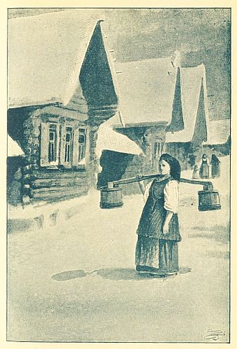 woman carrying two buckets on wooden post over her shoulder in village with wooden houses