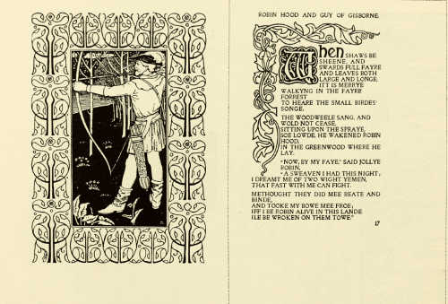 ILLUSTRATION AND PAGE OF TEXT FROM “ROBIN HOOD BALLADS.” DESIGNED BY R. JAMES WILLIAMS. PUBLISHED BY THE VINCENT PRESS