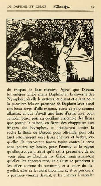 PAGE FROM “DAPHNIS ET CHLOÉ.” PRINTED IN “JENSON” TYPE BY L. PICHON, PARIS, WITH WOODCUT BY CARLÈGLE (weak in original)