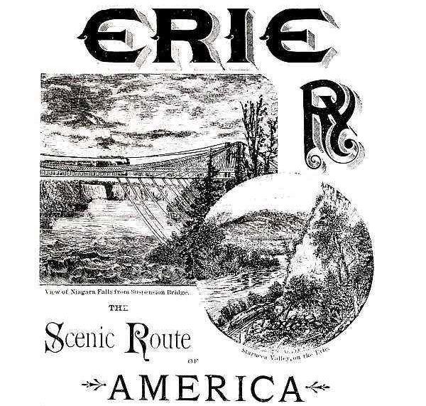 ERIE RY. the Scenic Route of AMERICA. View of Niagara Falls from Suspension Bridge. Starucca Valley, on the Erie.