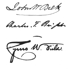 Signatures, from top to bottom: John W. Brett, Charles T. Bright, Cyrus W. Field
