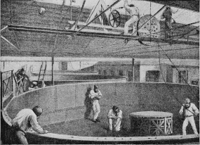 Fig. 10.—Coiling the Finished Cable into the Factory Tanks.