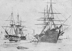 Fig. 15.—Reshipment of the Cable aboard H.M.S. Agamemnon and U.S.N.S. Niagara in Keyham Basin.